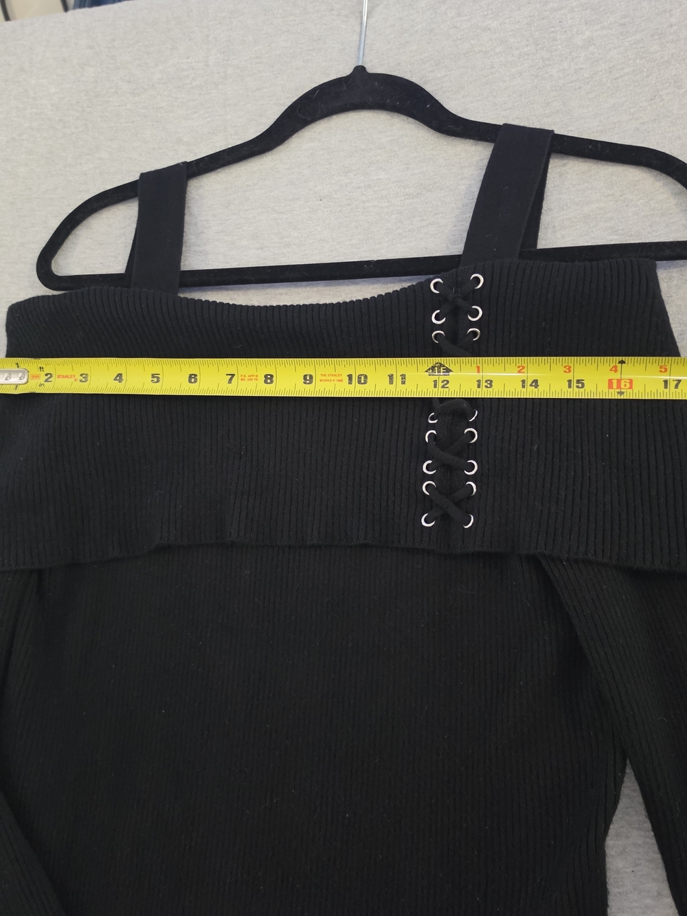 Black Off-Shoulder Lace-Up Ribbed Women's Sweater - Picture 6 of 7